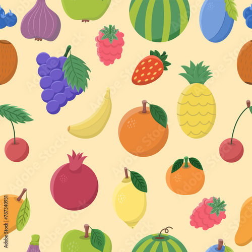 Seamless pattern with different fruits - apple, raspberry, pear, strawberry, mango, banana, plum, blueberry and others. Vector flat style