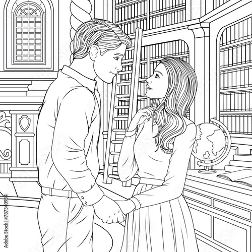 Vector illustration, young couple met in the library