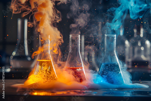 Three beakers of different colored liquids are sitting on a table with smoke coming out of them. The smoke is orange, blue, and red, creating a colorful and dynamic scene. Generative AI