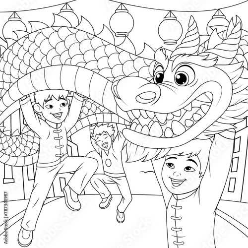 Vector illustration, asian children celebrate the Year of the Dragon festival