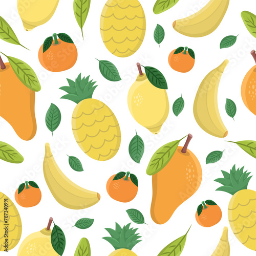 Seamless pattern or background with fruits - lemon, pineapple, tangerine, mango on a white background. Vector 