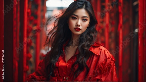 asian girl red theme fashion generation-z influencer posing for ad product promotion from Generative AI