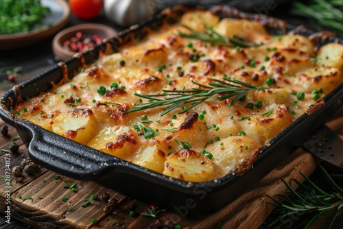 Freshly baked scalloped potatoes with a golden crust  served in a stylish black dish on a wooden surface