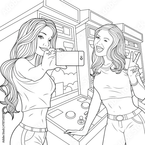 Vector illustration, two girls take a selfie on the background of slot machines