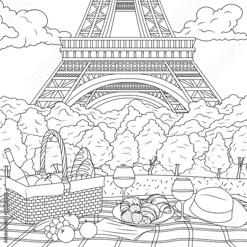 Vector illustration, picnic at the Eiffel tower in the park