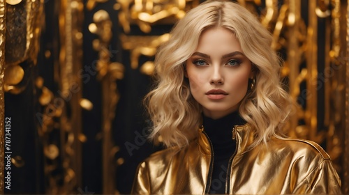 blonde girl gold theme fashion generation-z influencer posing for ad product promotion from Generative AI