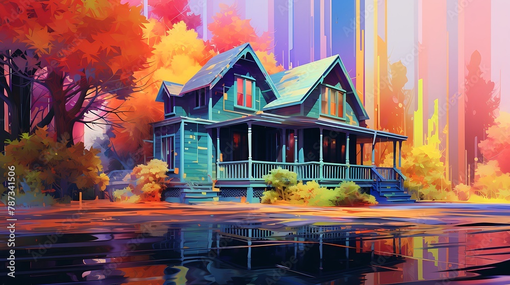 an image of a house painted in a glitch art style, where AI-generated glitches and distortions an otherworldly effect