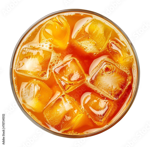 Closeup top view a glass of tasty cold ice milk tea, thai tea, beverage on isolated background
