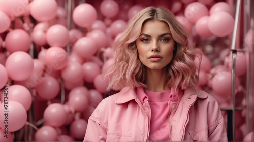 caucasian girl pink theme fashion generation-z influencer posing for ad product promotion from Generative AI
