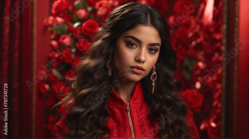 hispanic girl red theme fashion generation-z influencer posing for ad product promotion from Generative AI