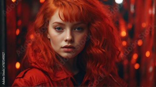 red head girl red theme fashion generation-z influencer posing for ad product promotion from Generative AI © SevenThreeSky
