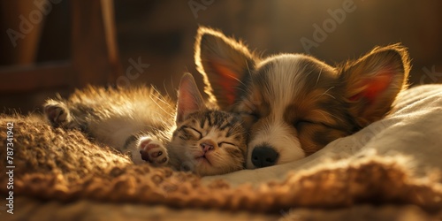 A kitten and puppy nap closely, showing a heartwarming bond and comfort in their sleep