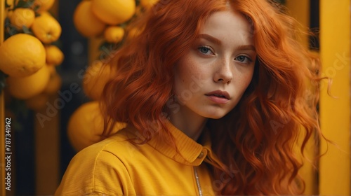 red head girl yellow theme fashion generation-z influencer posing for ad product promotion from Generative AI © SevenThreeSky