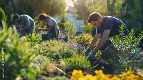 A team of gardeners working together to maintain and beautify a garden or park. photo