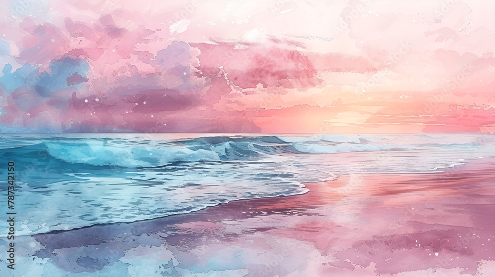 Realistic Sea beach background in watercolor style pink, generative Ai