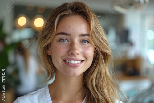 A close-up portrait of a smiling young woman with clear skin and a white shirt in a well-lit interior