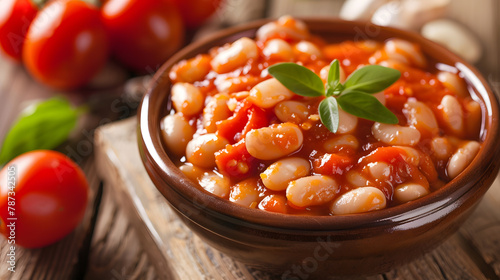 bean tomato sauce white legume beans food healthy meal diet snack on the table copy space food background : Generative AI photo