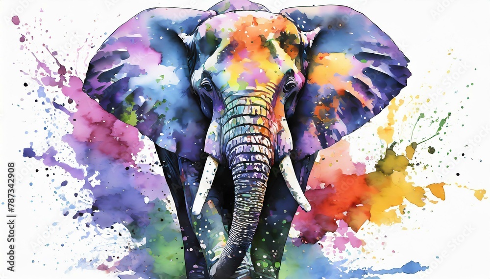 enchanting elephant in a stunning watercolor portrayal. The artwork comes to life with expressive splashes of watercolor paint.Png.Isolated - obrazy, fototapety, plakaty 