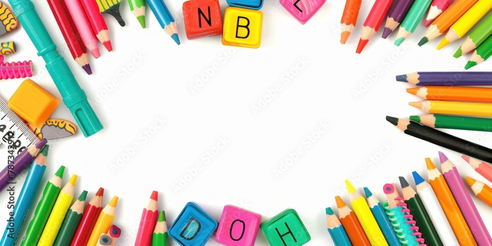 A school-themed border with crayons, rulers, and ABC blocks framing a blank area for text. 