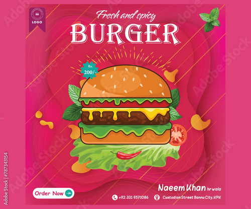 Burger social media post vector illustration. Square size. Food social media banner design template. Restaurant social media banner template for business promotion. 