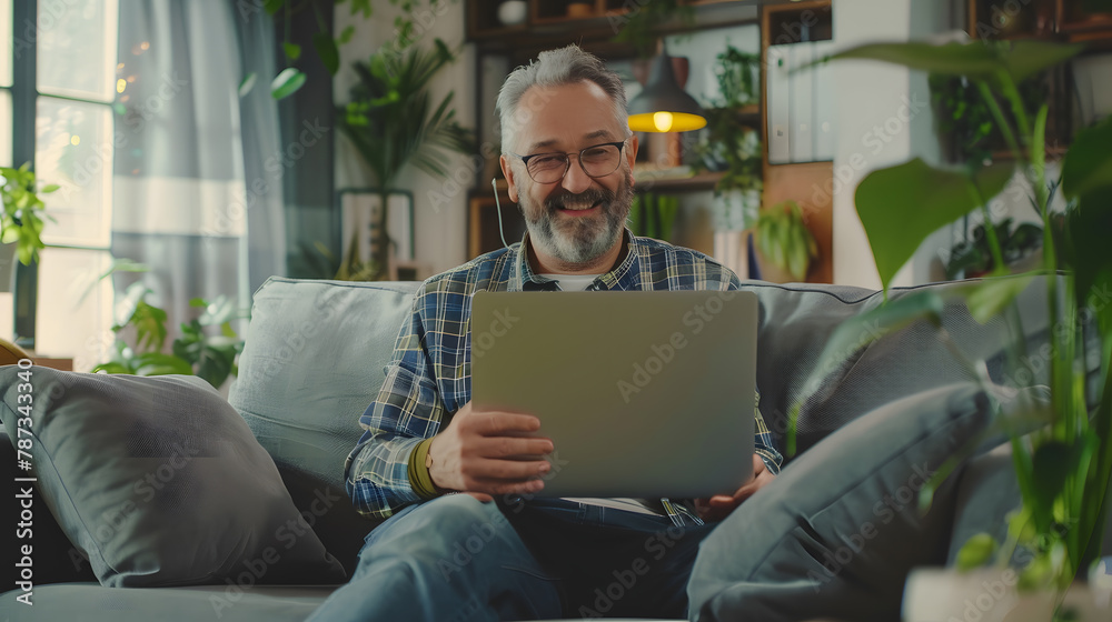 Smiling mature freelancer with laptop sitting on sofa at home office : Generative AI Smiling mature freelancer with laptop sitting on sofa at home office : Generative AI