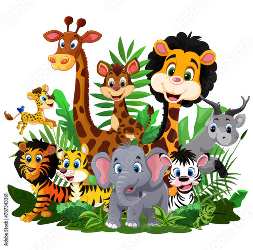 cartoon picture of animals on safari on a white background. No shadows