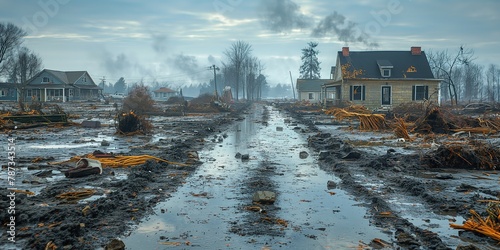 town coved with mud after big rain and floods, climate change crisis and extreme weather concept, Generative Ai