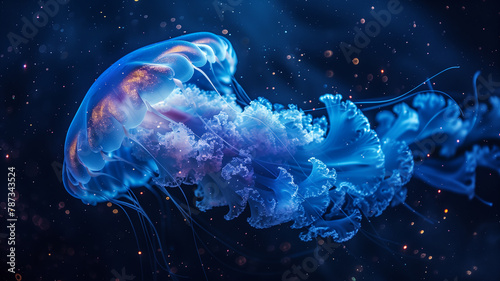 Celestial jellyfish drift among stars, casting a spellbinding aura in this surreal dream scene.