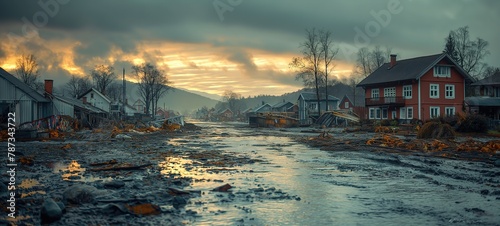 town coved with mud after big rain and floods, climate change crisis and extreme weather concept, Generative Ai photo