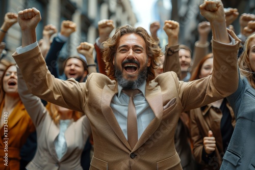 Ecstatic professionals in suits celebrate corporate achievement, raising fists in joy.
