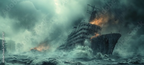 big ship sinking during storm rage, climate change crisis and extreme weather concept, Generative Ai photo