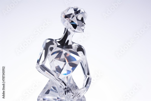 A perfect body shape of a female mannequin statue which is made from glass  is walking with confidence and carrying a white bag in a white room with a reflective floor. Generative AI.
