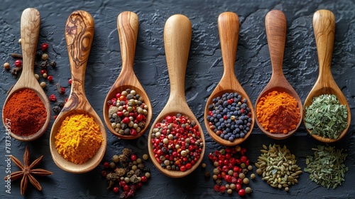 Harmonious Shot  Genre Spices  Emotion Aromatic  Scene A selection of spices in wooden spoons on a rustic table   photo