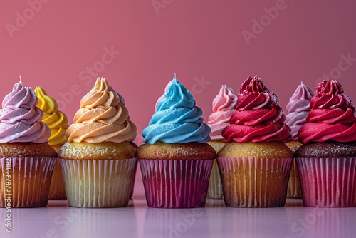 Vibrant Shot  Genre Bakery  Emotion Whimsical  Scene A selection of frosted cupcakes with colorful icing arranged against a pastel backdrop  