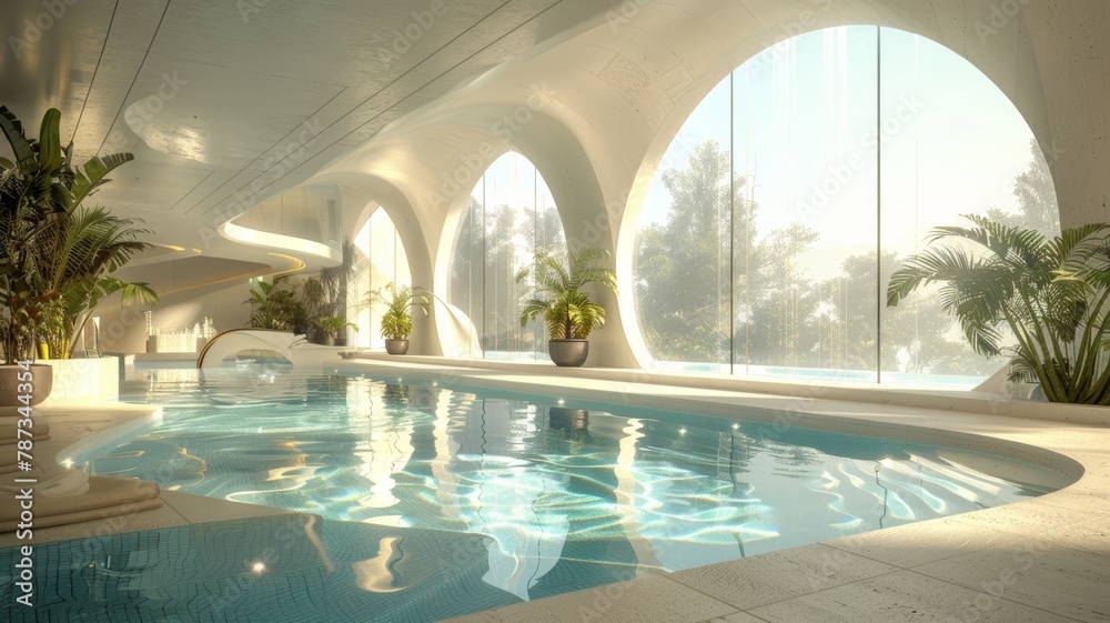 Luxurious indoor swimming pool in a modern eco-friendly architectural design with natural light