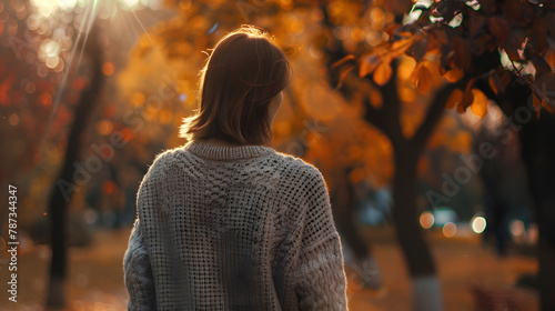 A dreamy girl in a warm knitted cardigan stands in an autumn park turning her back to the camera and looking at the sky People emotions Life moments Copy space : Generative AI