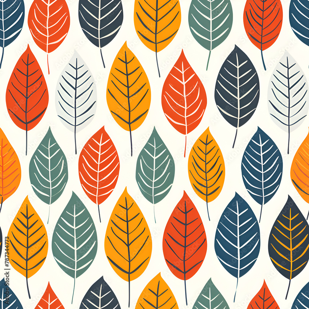 A colorful leaf pattern with a variety of colors including orange, blue, and green. The leaves are arranged in a way that creates a sense of movement and flow. Generative AI