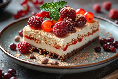 A slice of sweet cake topped with fresh berries for a delicious summer dessert