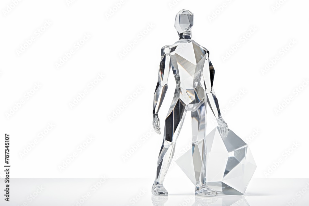 An isolated diamond statue which is designed like a muscular man, exhibiting in a white room in the most perfect position correctly so that the visitors can see it clearly. Generative AI.
