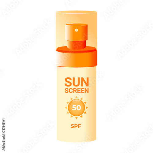 Sunscreen spray. Cosmetic product with SPF for skin care for sun protection. Isolated vector illustration