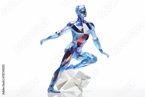 An isolated diamond statue which is designed like a muscular man  exhibiting in a white room in the most perfect position correctly so that the visitors can see it clearly. Generative AI.