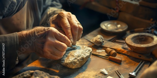 Skilled artisan hands precisely shaping a piece of silver, surrounded by tools of the trade in a workshop photo