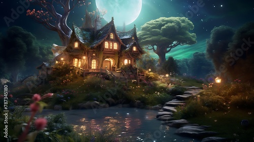 a digital artwork where a house transforms into an enchanted forest, with AI artists responsible for the magical transition
