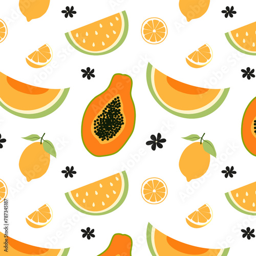 Summer fruit seamless pattern with papaya  yellow watermelon  melon  lemon and flowers on a white background. Vector illustration