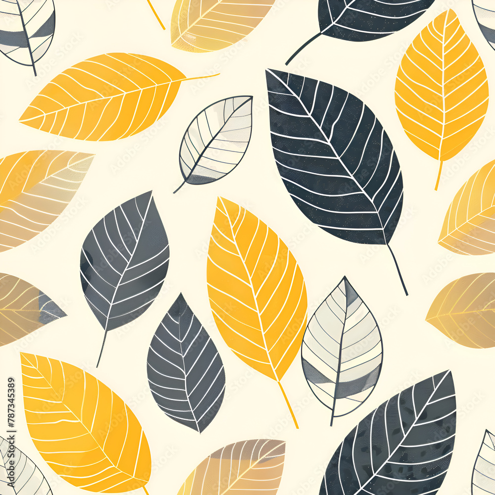A pattern of leaves in various shades of yellow and gray. The leaves are arranged in a way that creates a sense of movement and depth. Scene is serene and calming. Generative AI