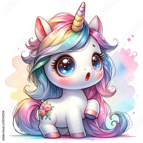 Cute unicorn, bright and soft watercolor style. Illustration on a transparent background.