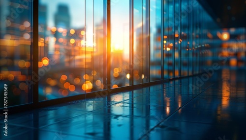 A city skyline with a bright sun shining through the windows by AI generated image