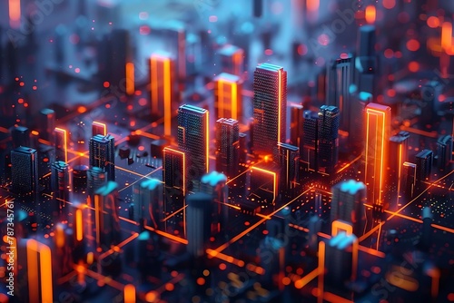 A 3D render of abstract glowing neon cityscape, futuristic financial concept