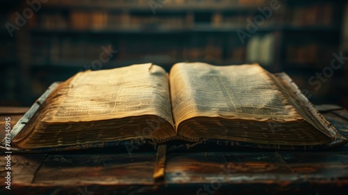 Old open book on an old wooden table