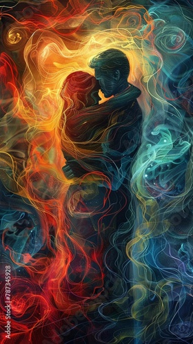 Abstract couple man and woman, colorful, smoke, gen AI
